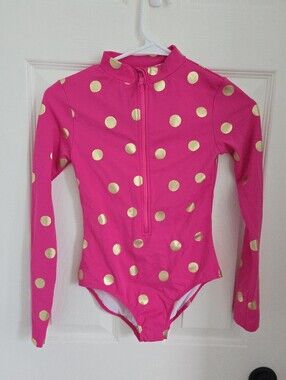 New Boden Girls Hot Pink Long Sleeve Swimsuit with Gold Dots, Zipper, Sz 10/11